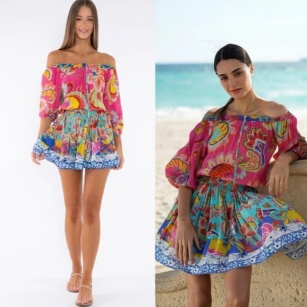 TAJ by Sabrina Crippa multi color off the shoulder mini dress  size small